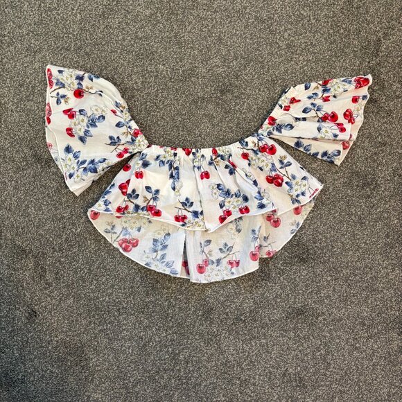 MonnaLisa white with cherry blossoms layered skirt and crop top set - Picture 3 of 5